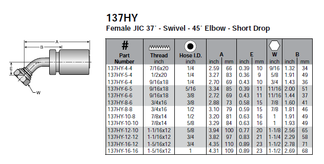Parker HY series female JIC 45-degree swivel elbow - 137HY