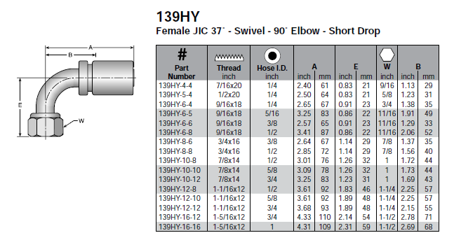 Parker HY series female JIC 90-degree elbow - 139HY