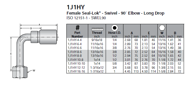 Parker HY series female ORFS swivel 90-degree long drop elbow - 1J1HY