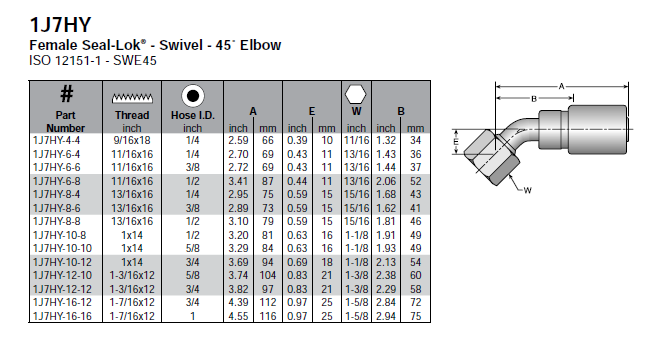 Parker HY series female ORFS swivel 45-degree elbow - 1J7HY