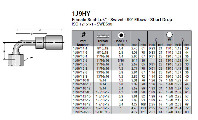 Parker HY series female ORFS swivel 90-degree short drop elbow - 1J9HY