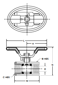 V500P-X-21 Oval Handle Female Pipe Ends Ball Valve Dimensions