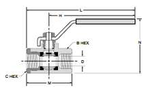 V500P Female-Female Pipe Ends Ball Valve Dimensions