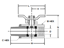 V501P-X-04 Tee Handle Male-Female Pipe Ends Ball Valve Dimensions