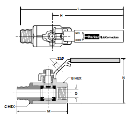VP501P Locking Handle Male-Female Pipe Ends Ball Valve Dimensions