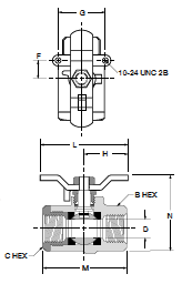 V502P-X-04 Tee Handle Female Panel Mount Ball Valve Dimensions