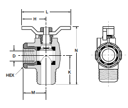 V590P 90 Degree Flow Male-Female Pipe Ends Ball Valve Dimensions