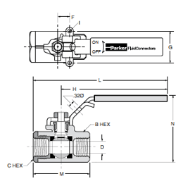 VP502SS Panel Mount Stainless Steel Ball Valve Dimensions