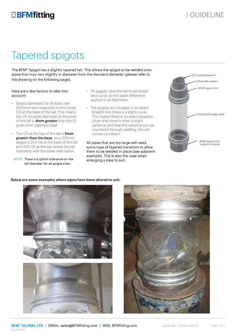 BFM Fitting Tapered Spigots Guidelines